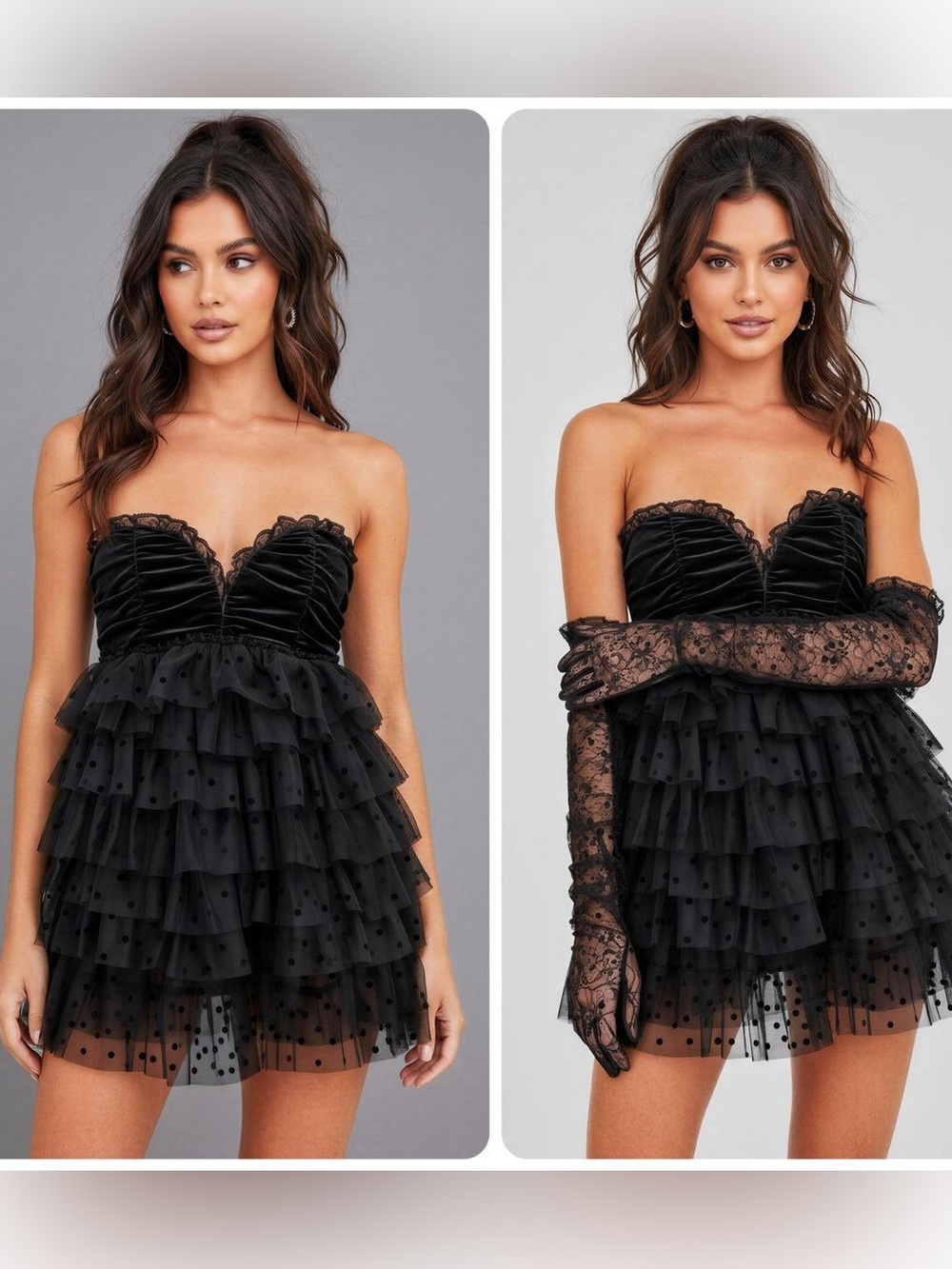 For Love & Lemons Strapless Black Ruffled Mini Dress